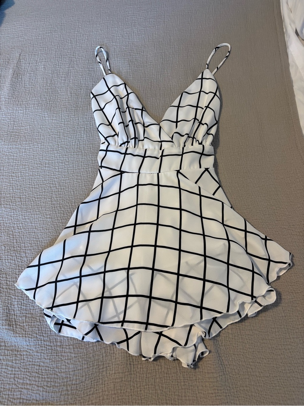 White & Black Grid Romper with Spaghetti Straps